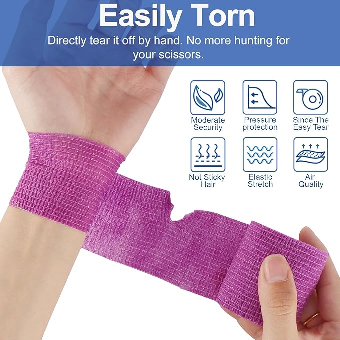 24 Pack 2 Inch x 5 Yards Self Adhesive Bandage Wrap, Elastic Cohesive Wrap 2 inch Vet Wrap Bandage Tape, Purple Grip Tape for Athletic, Sports, Wrist, Ankle Sprains