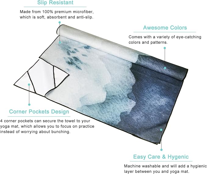 QIYI Large Yoga Mat Towel with Corner Pockets, Non Slip Sweat Absorbent Hot Yoga Towels, Soft Yoga Blankets with Travel Bag, Skidless Mat Cover for Workout, Gym, Fitness - 74"x26", Watercolor Mountain