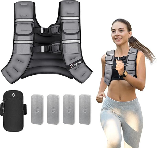 Fragraim Adjustable Weighted Vest for Women Men, 8-12lb/14-18lb/20-24lb/26-30lb Weight Vest with 4 Removable Iron Weights, Phone Holder and Back Pocket, Vest for Walking,Strength Training, Running