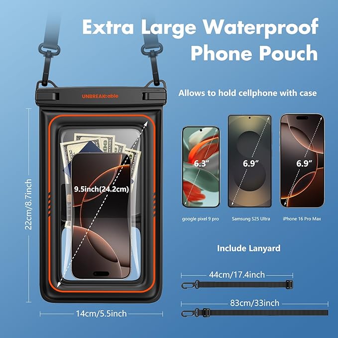 UNBREAKcable [UP to 9.5"]XL Size Waterproof Phone Pouch Floating [Sponge Cushion] IPX8 Phone Case Dry Bag for iPhone 17 16 15 14 Pro Max Samsung S25 Ultra, Travel Kayaking Beach Essentials - 2 Pack