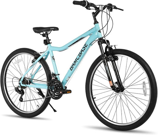 HILAND 26 Inch Womens and Mens Mountain Bike, 21 Speed Steel Frame Adult Bicycle, MTB Bikes with Suspension Fork, Purple Green White