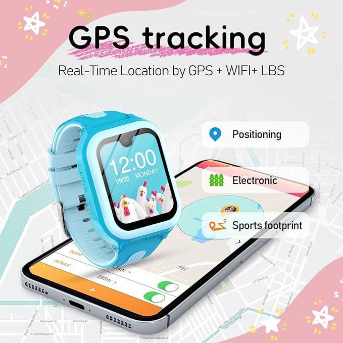 Wonlex 4G GPS Smartwatch for Kids, 1.78" AMOLED Touchscreen Large Phone Watch with SIM Card, Video Calls, Voice Chat, SOS, Camera, Music, Pedometer, Game, Birthday Gift for Girls Boys Ages 8-15(Blue)