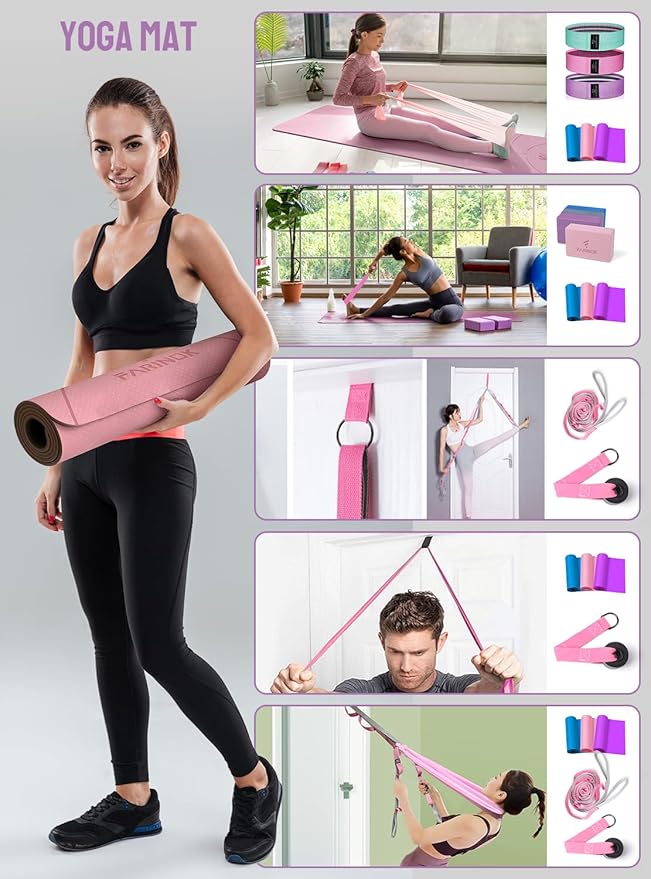 1/3 Yoga Mat Thick, Yoga Set for Beginners Include High Density Mat with Multi-loops Strap, Blocks, Booty Resistance Band Set, Door Anchor, Carring Bag & Strap