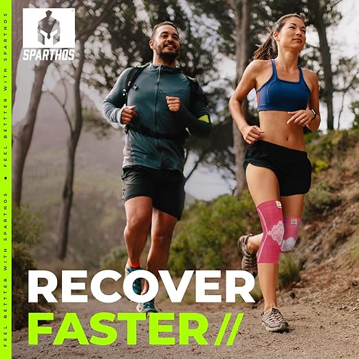 Sparthos Knee Compression Sleeves by (Pair) – Support for Sports, Running, Joint, Knee Pain Relief – Knee Brace for Men and Women – Knee Protector Stabilizer Rehab Blood Circulation Surgery (Pink-M)