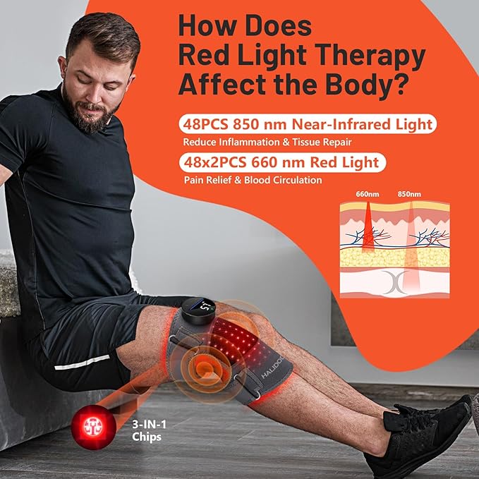 HALIDODO Red Light Therapy & Vibration Massage Knee Brace - Wireless Rechargeable Controller, 660nm&850nm Red Light Therapy Heated Device for Knee/Joint/Elbow/Shoulder Pain Relief, Gray.