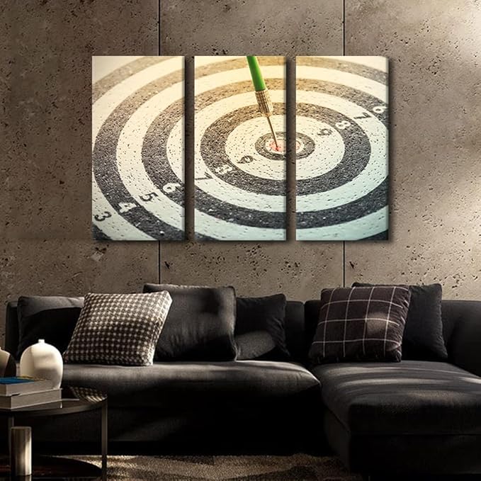 Wall Art Vintage House Decorations Dartboard with Darts Closeup Wall Pictures for Living Room Winner Concept Canvas Wall Art Modern Painting 3 Panel Prints Wall Art Framed Ready to Hang, 24"Wx36"H