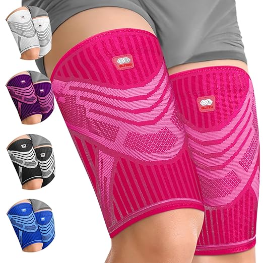 BLITZU Hamstring Compression Sleeve, Thigh Compression Sleeve for Women and Men, Upper Leg Brace for Groin, Sciatica & Quad Tendonitis, Wrap Support for Recovery, Running, Sports and Workout Pink XL