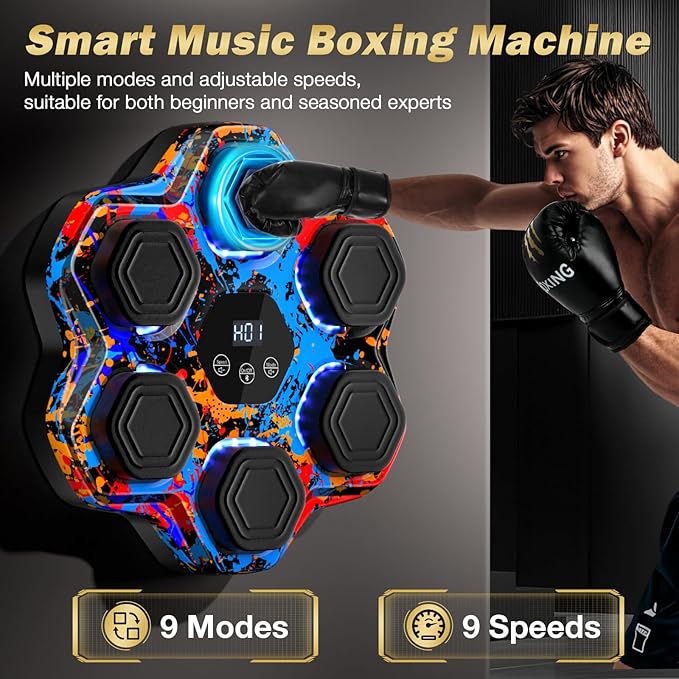Music Boxing Machine, Interactive Punching Trainer with Boxing Gloves, Large Size Wall Mounted Electronic Boxing Target for Kids, 9 Modes & 9 Speeds