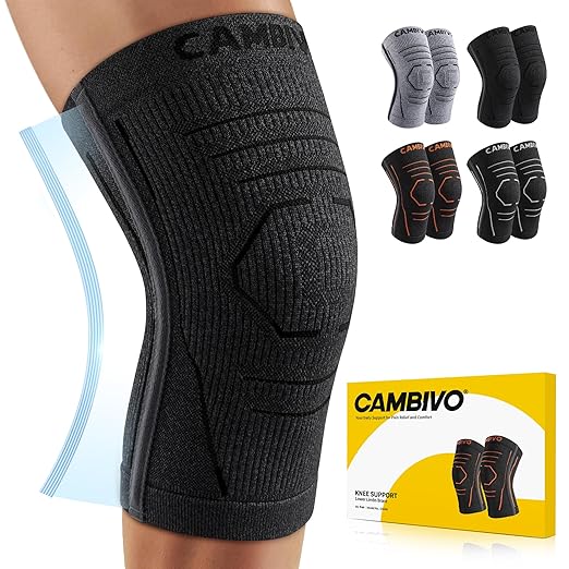 CAMBIVO Knee Brace for Women and Men with Side Stabilizer 2 Pack, Lightweight Knee Compression Sleeves for Knee Pain Relief, Knee Sleeves for Running, Workout and Daily Activities (Black, Large)