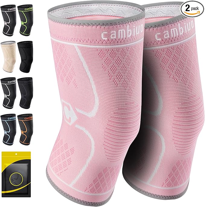 CAMBIVO 2 Pack Knee Brace, Knee Compression Sleeve for Men and Women, Knee Support for Running, Workout, Gym, Hiking, Sports (Rose,Large)