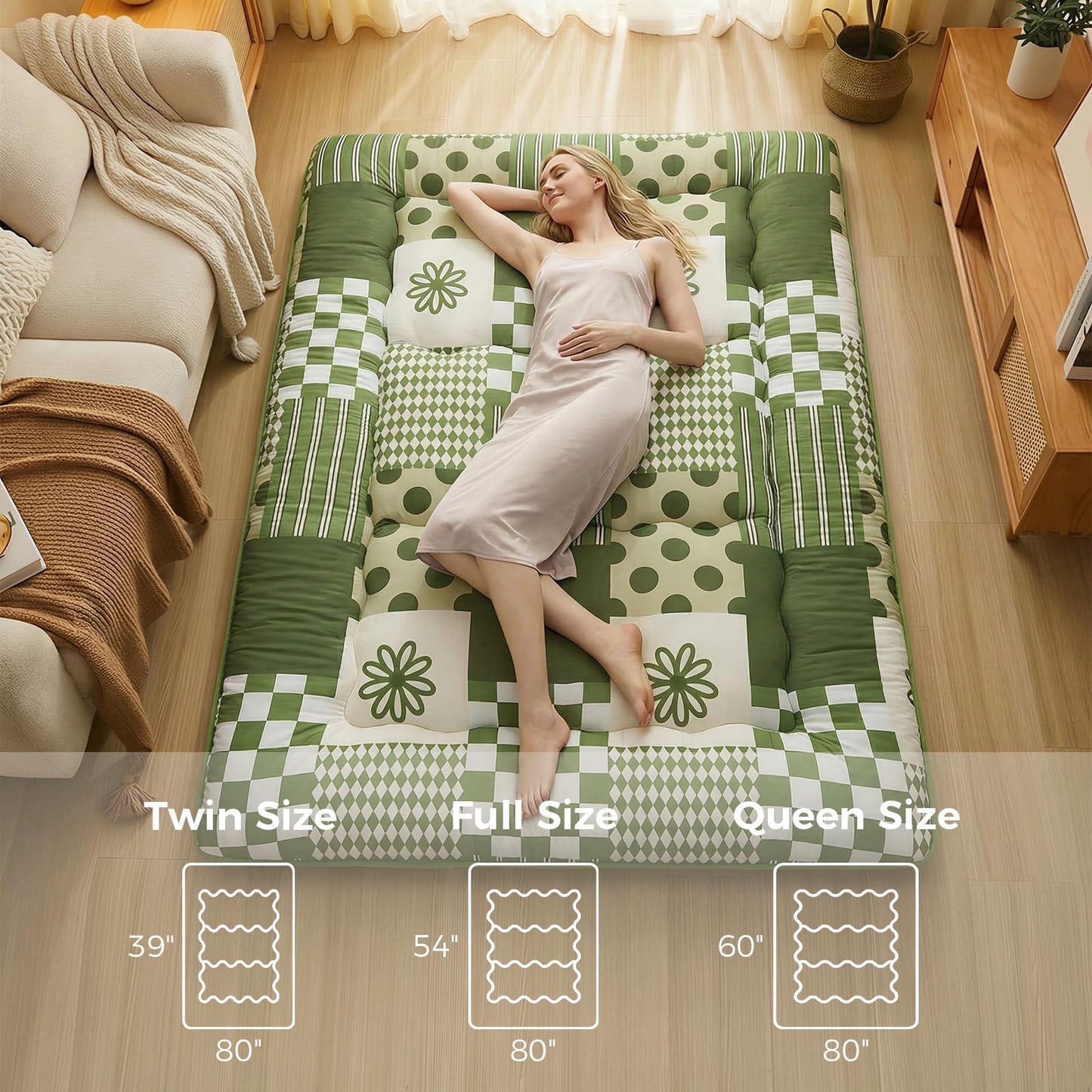 XICIKIN 2.5" Japanese Floor Mattress, Foldable Floor Mattress with Washable Cover Japanese Futon for Camping, Guest (Green Checkerboard, Full)