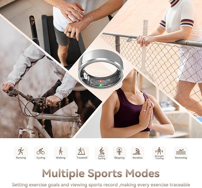 Health Smart Ring for Men Women, Fitness Tracker with Heart Rate/Blood Pressure/Blood Oxygen Monitor,Sleep Tracker,Pedometer, IP68 Waterproof Ring for iPhone&Android, No Subscription (Silver, Size11）