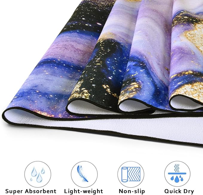 QIYI Large Yoga Mat Towel with Corner Pockets, Non Slip Sweat Absorbent Hot Yoga Towels, Soft Yoga Blankets with Travel Bag, Skidless Mat Cover for Workout, Gym, Fitness - 74"x26", Purple & Pink Grain