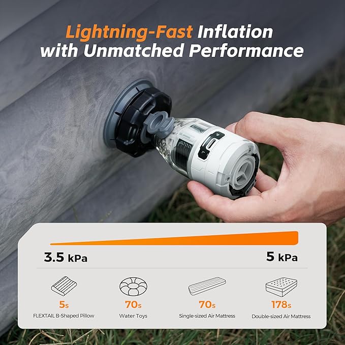 FLEXTAILGEAR Max Pump 3 Air Pump for Inflatables, 5Kpa Portable Air Pump, 500L/min Air Mattress Pump with Camping Light, Electric Pump for Inflatable Pillows Swim Rings Air Mattresses Air Bed Boats
