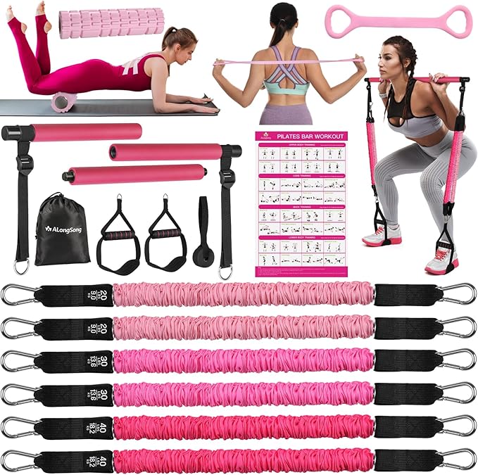 Upgraded Pilates Bar Kit with Resistance Bands Natural Latex for Women & Men, Heavy-Duty Stainless Steel Multifunctional Yoga Pilates Stick for Home Gym Exercise Fitness Equipment Full-Body Workouts