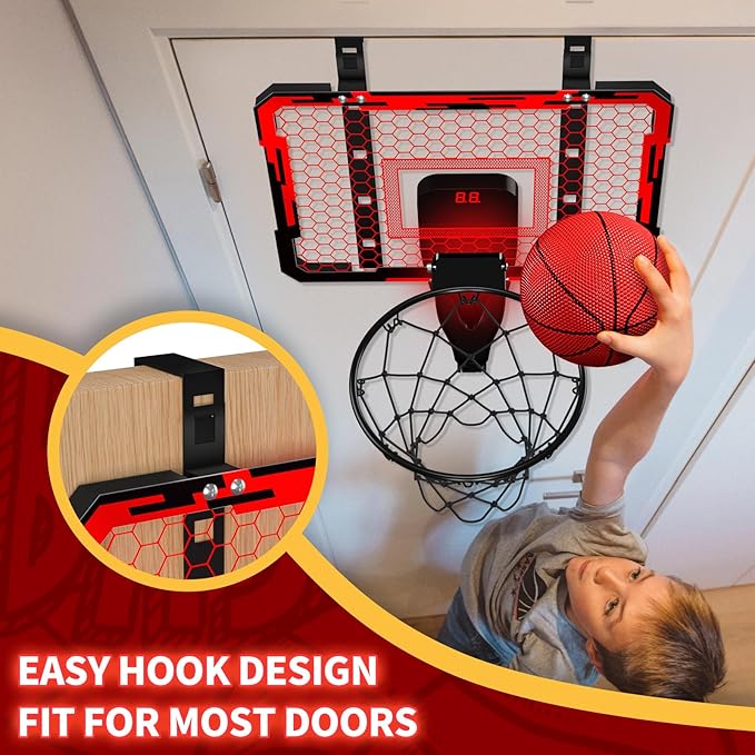 QDRAGON Indoor Basketball Hoop for Kids, Over The Door Mini Basketball Hoops with 7 LED Lighting, Basketball Toys Gifts for 5 6 7 8 9 10 11 12 Year Old Boys Girls Teens, Red