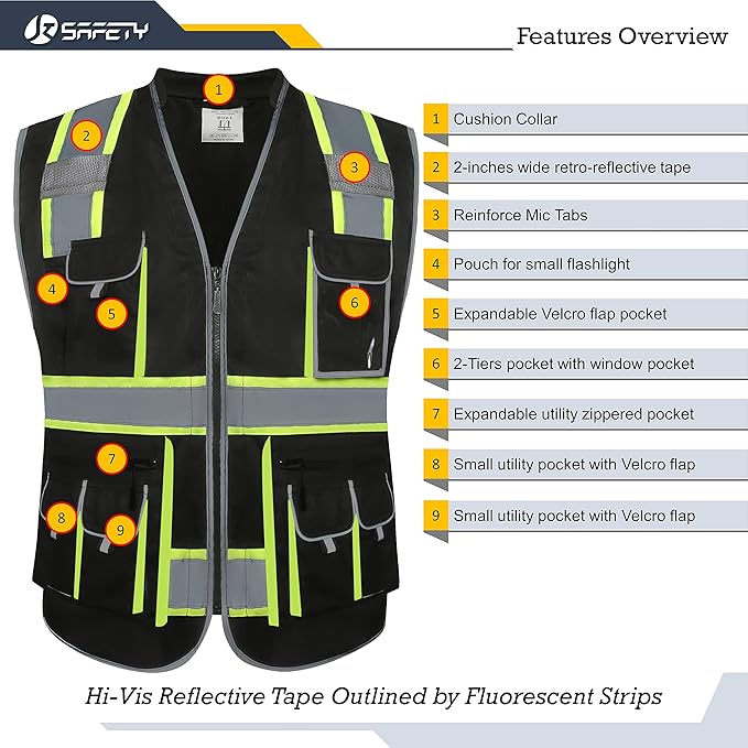 JKSafety 10 Pockets Hi-Vis Zipper Front Black Safety Vest | Cushioned Collar | High Reflective Tapes with Extended Neon Yellow Strips | Meets ANSI/ISEA Standards (5X-Large, 89-Black)