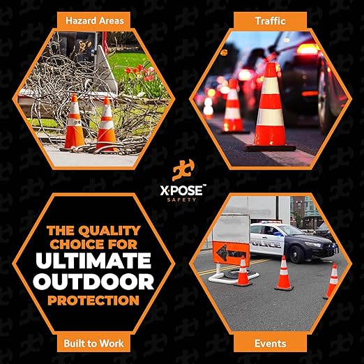 Xpose Safety 28 Inch Orange Traffic Cones with 6" & 4" Collar, 8-Pack - Multipurpose PVC Plastic Safety Cone for Parking, Soccer, Caution, Kids and Construction - DOT Approved
