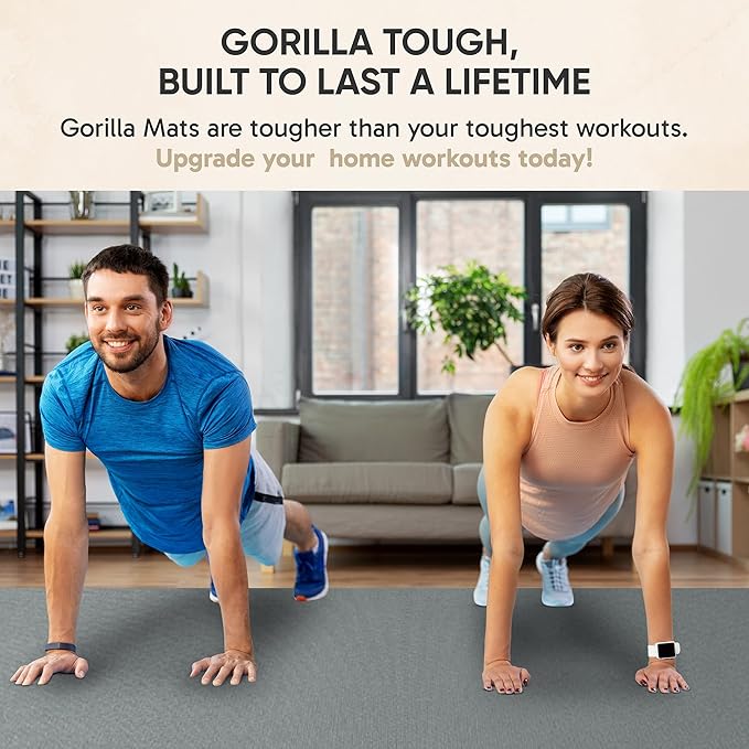 Gorilla Mats Premium Large Exercise Mat – 6x4', 7x4', x7x5', 8x4', 10x4' (1/4" Thick) Ultra Durable, Non-Slip, Workout Mat for Instant Home Gym Flooring – Great on Any Floor – Use With or Without Shoes
