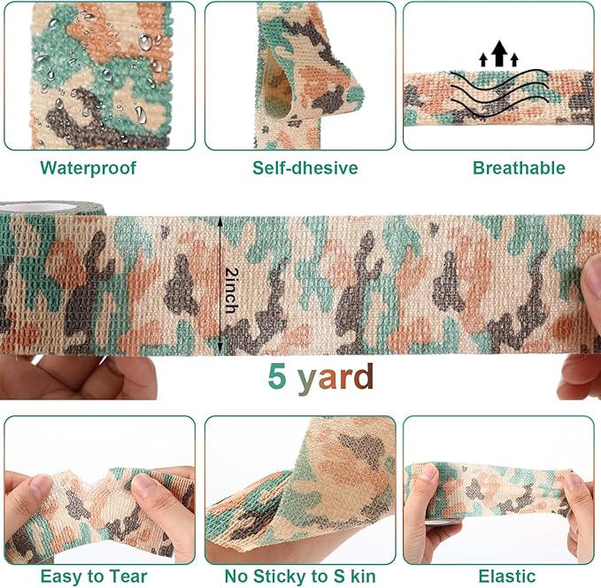 Treela 48 Pack Self Adhesive Wrap Bandage Bulk, 2 Inches X 5 Yards Self Adherent Cohesive Bandage Elastic Athletic Tape Breathable Wound Tape for Stretch Athletic Sports Wrist Ankle(Green Camo)