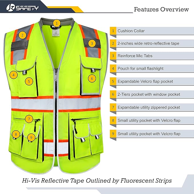 JKSafety 10 Pockets Class 2 Hi-Vis Zipper Front Yellow Safety Vest | Cushioned Collar | High Reflective Tapes with Extended Neon Orange Strips | Meets ANSI/ISEA Standards (XX-Large, 89-Yellow)
