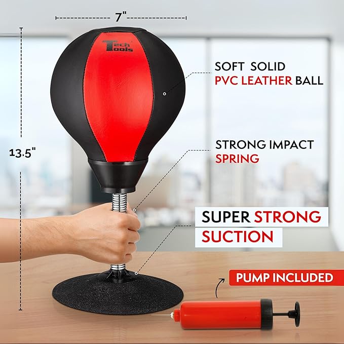 Tech Tools Stress Buster Desktop Punching Bag - Suctions to Your Desk, White Elephant Gifts for Coworker Men and Women, Heavy Duty Stress Relief Ball, Gag Gifts Funny Desk Accessories