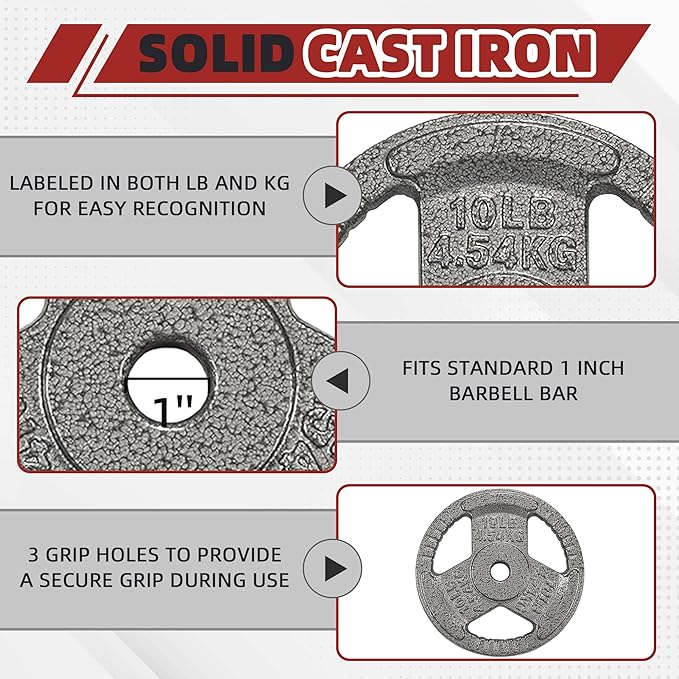 Cast Iron Gym Weight Plates | 1" and 2" Olympic Bumper Plates for Weightlifting, CrossFit, Deadlift, and Squat