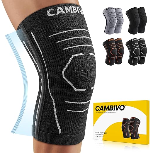 CAMBIVO Knee Brace for Women and Men with Side Stabilizer 2 Pack, Lightweight Knee Compression Sleeves for Knee Pain Relief, Knee Sleeves for Running, Workout and Daily Activities (Dark Gray, Large)