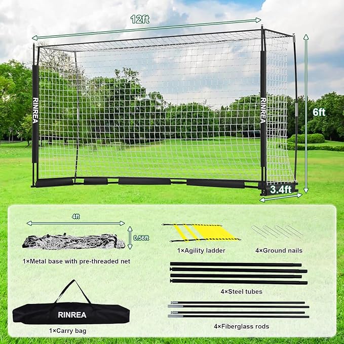 Portable Soccer Goal, Collapsible Soccer Goal Net Metal Base, Quick Setup Soccer Training Equipment with 1 Carry Bag, 1 Agility Ladder, 4 Ground Nails