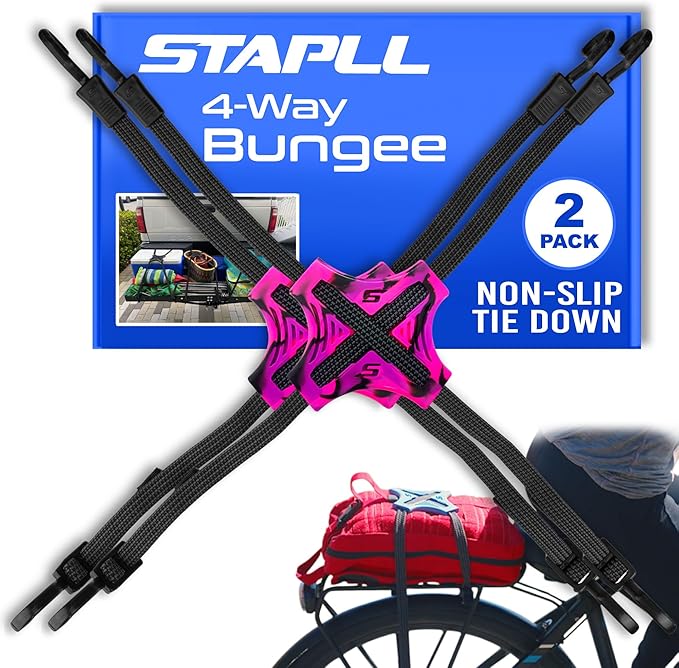 Tack Strap – 4-Way Flat Bungee Cord with Rubber Pad Grip, Non-Slip Tie Down Straps for Motorcycle, ATV, Kayak, Cycling, Camping, Truck Storage, Adjustable Bungee Cords - 2 Pack (Black & Pink)
