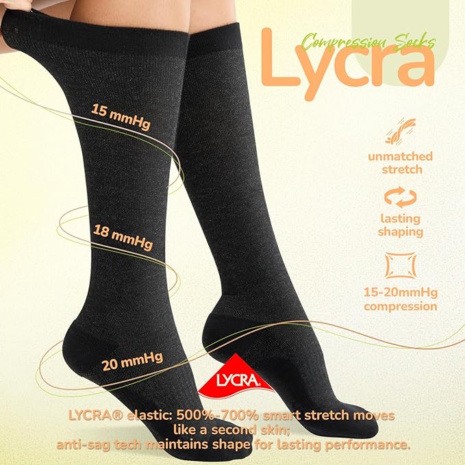 Merino Wool Compression Socks for Women Men, 15-20 mmHg, Soft & Breathable for Travel, Running, Pregnancy