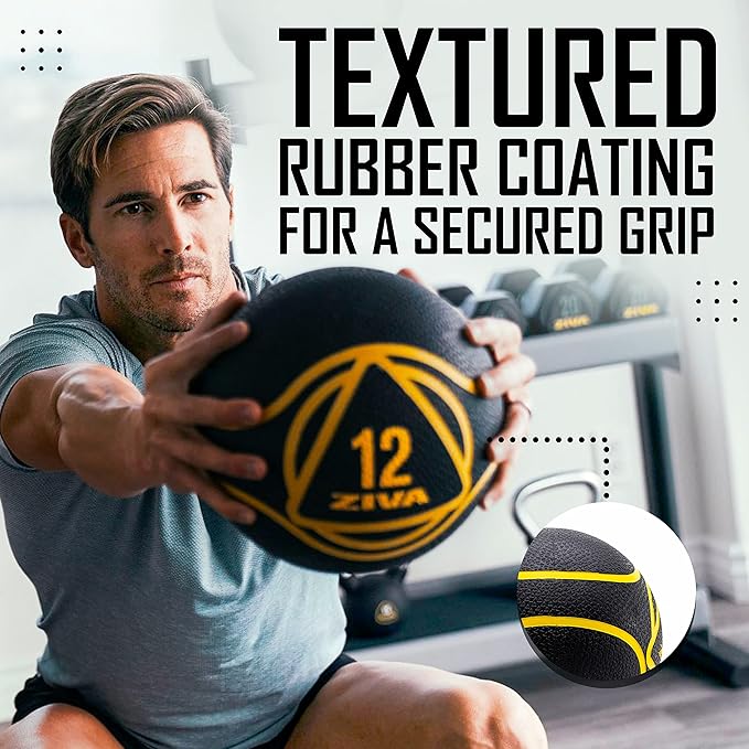 ZIVA Medicine Ball – Durable Rubber Weighted Ball with Easy-Grip Textured Shell for Core, Balance and Strength Training – Commercial Quality (Black, 4–12 lb)