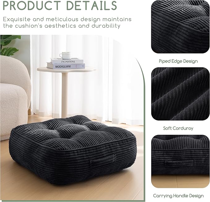 8" Washable Floor Pillow Cushion for Adults, Meditation Cushion Pillow, Large Square Floor Sitting, Removable Tufted Corduroy Cover, for Tatami Living Room or Yoga, 22x22 Inch, Machine Washable