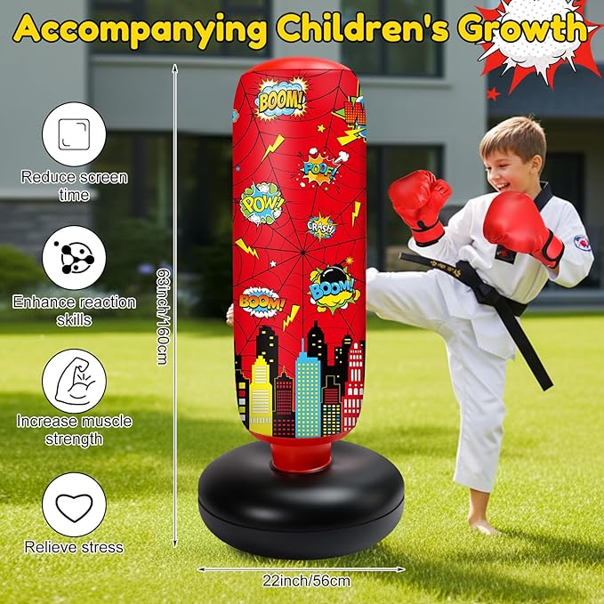 Jenaai Inflatable Punching Bag for Kids, 40" Spiderweb Punching Bag, Spiderweb Boxing Kit with Gloves and Air Pump for Daily Exercise, Family Time, Karate, Practice, Taekwondo