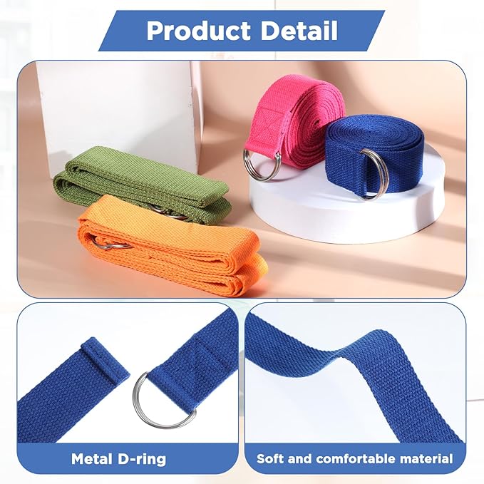 10 Pcs Yoga Strap 8ft Yoga Stretching Exercise Band Stretching Belt with Adjustable Metal D Ring Buckle Loop for Pilates, Dance, Physical Therapy, Gym Workout