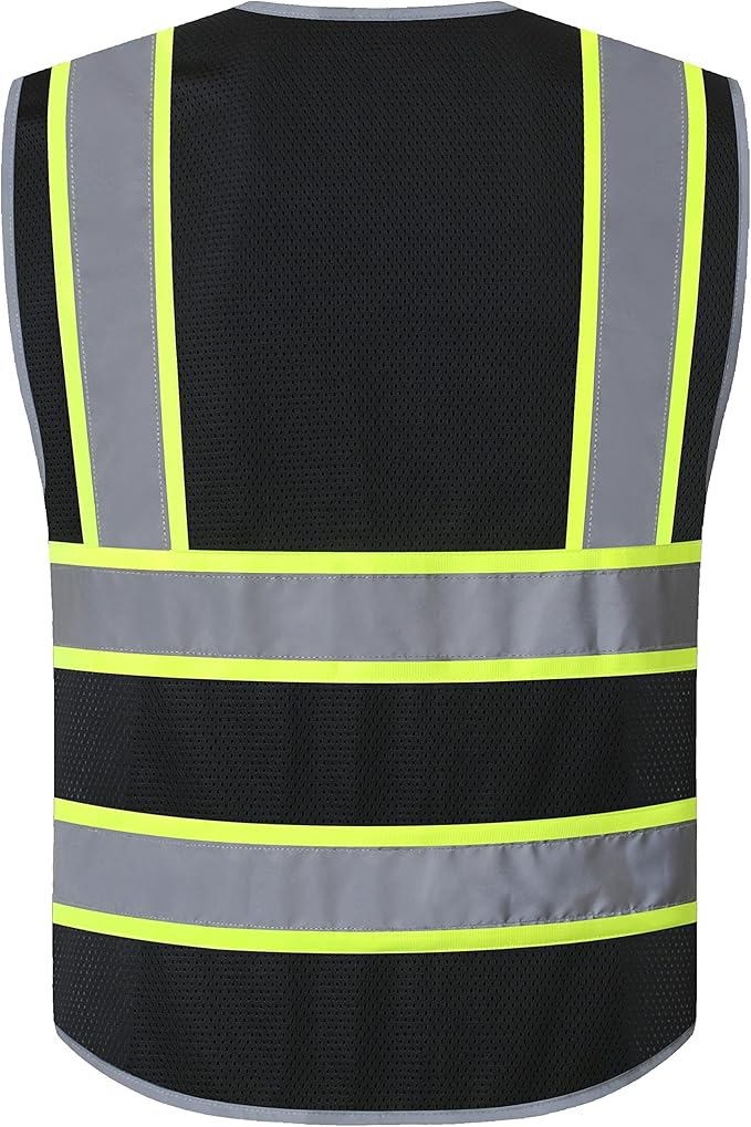 JKSafety 10 Pockets Hi-Vis Neon Color Frontal Zipper Mesh Safety Vest for Men Women Safety Utility for works Comply to ANSI/ISEA Standards (86-Black M)