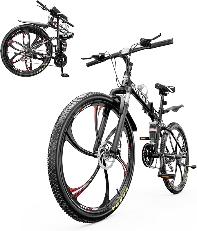 26 inch Folding Mountain Bike, Carbon Steel Frame and 21 Speed, Double Disc Brake and Dual Suspension Folding Bike for Adults/Men/Women, Easy Assembly Bicycle(Black/Green/Orange)