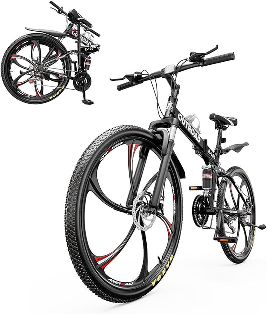 26 inch Folding Mountain Bike, Carbon Steel Frame and 21 Speed, Double Disc Brake and Dual Suspension Folding Bike for Adults/Men/Women, Easy Assembly Bicycle(Black/Green/Orange)