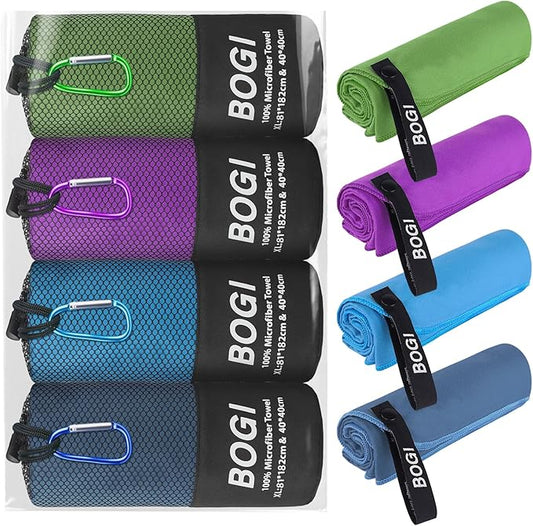 BOGI 4 Pack(8 pcs) Microfiber Travel Sports Towel-Quick Dry Towel, Soft Lightweight Microfiber Camping Towel Absorbent Compact Travel Towel for Camping Gym Beach Bath Yoga Swimming Backpacking-X Large