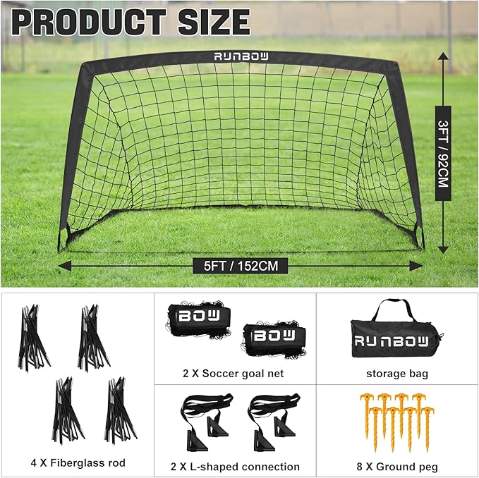 RUNBOW 5x3 ft Portable Kids Soccer Goal for Backyard Practice Soccer Net with Carry Bag