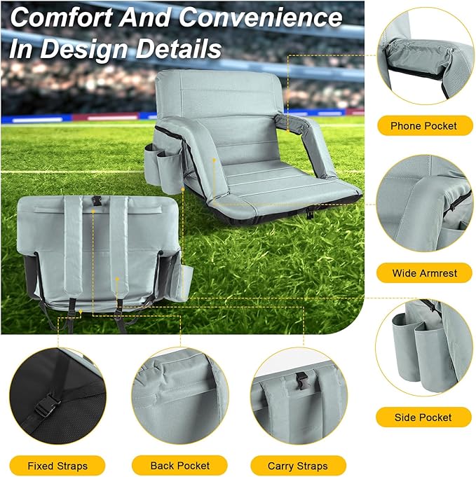Extra Wide Stadium Seats with Back Support, Exclusive Bleacher Chairs with Back and Cushion Folding Stadium Chairs, 6 Reclining Positions Waterproof Bleacher Seats (Extra Wide|25" Grey)