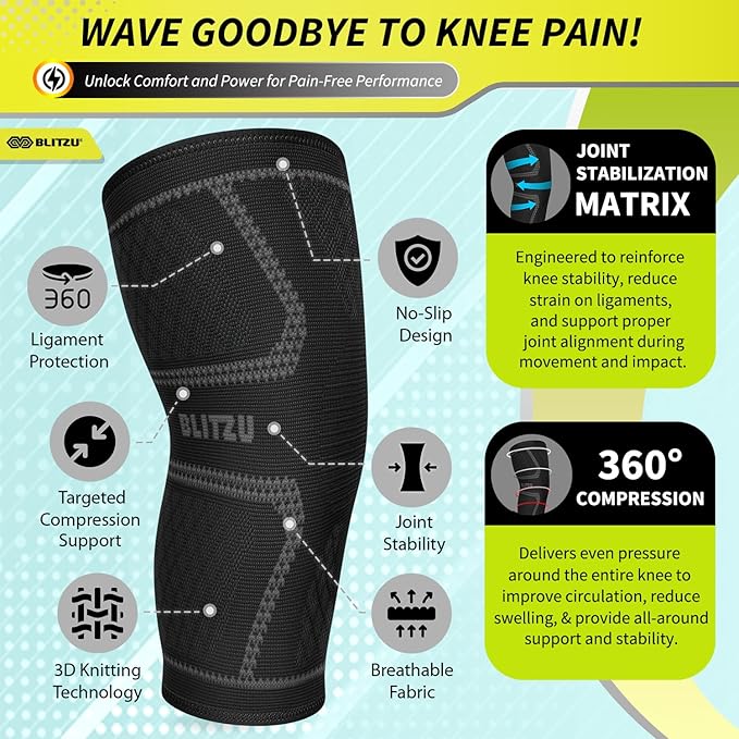 Knee Brace for Women & Men, 2 Pack Compression Knee Brace, Knee Support Sleeve for Pain Relief, Running, Workout, Sports, Knee Braces for ACL, Meniscus Tear, Arthritis and Injury Recovery Black S