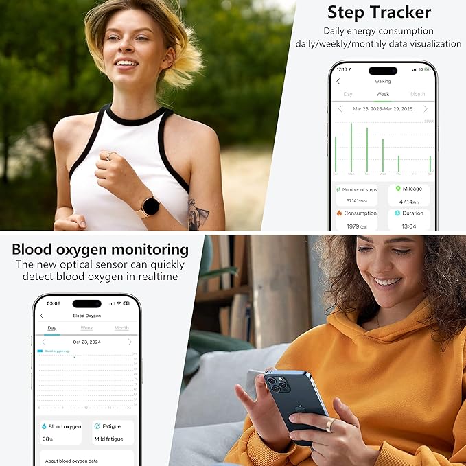 Thin Smart Ring for Fitness & Health Tracking -Pedometer,Sleep/Heart Rate/Blood Oxygen Monitor, Gesture Control / 5ATM Waterproof -No APP Subscription Compatible with Android& iOS (Rose Gold, 12)