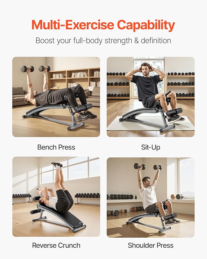 VEVOR Sit Up Bench, Decline Ab Bench with Reverse Crunch Handle, Adjustable Height Setting, Heavy Duty Steel, 500/600/1000 Lbs Capacity for Home Gym Workouts, Strength Training, Full Body Muscles