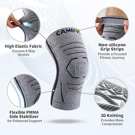CAMBIVO Knee Brace for Women and Men with Side Stabilizer 2 Pack, Lightweight Knee Compression Sleeves for Knee Pain Relief, Knee Sleeves for Running, Workout and Daily Activities (Gray, Small)