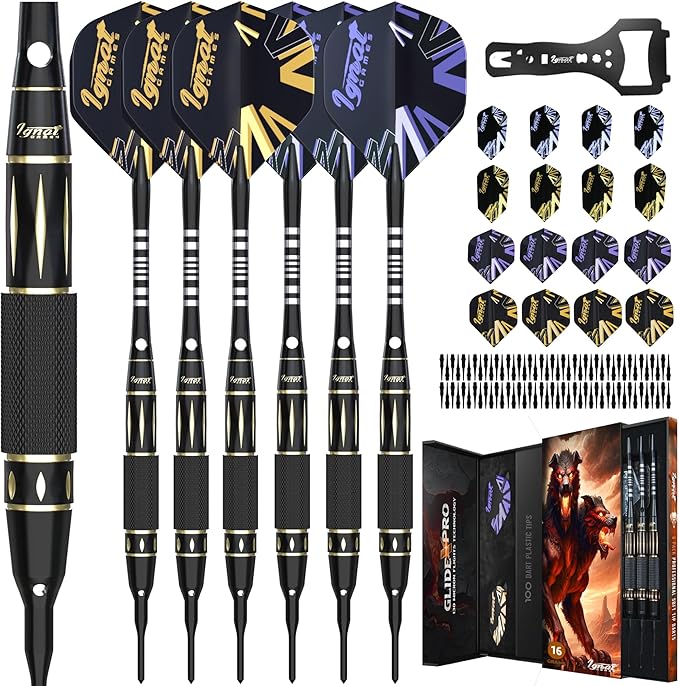 IgnatGames Premium Soft Tip Darts – 6/12 Pack Brass Barrels with Aluminum Shafts, 16 GlideXPro Flight Set, Tool Kit, Giftable Case & 100 Extra Tips