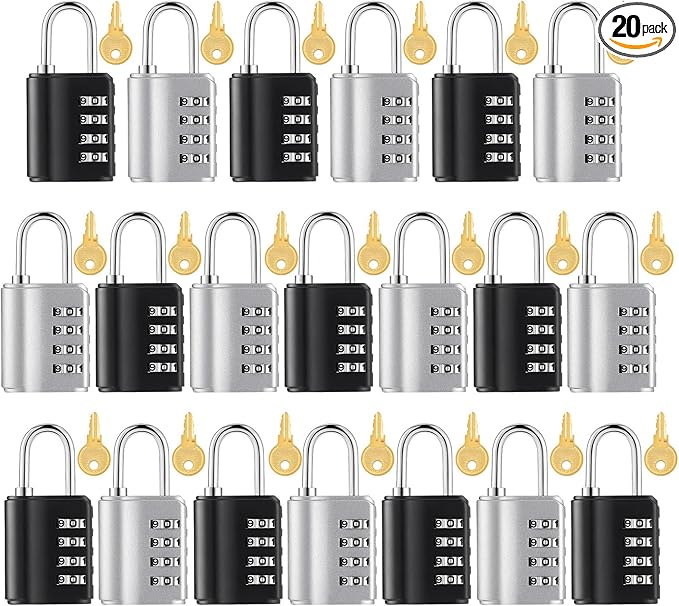 Kenning 20 Pcs Combination Padlock 4 Digit Combination Lock with Keys Locker Resetable Security Outdoor Waterproof Lock for School Sports Gym Locker Employee Fence Case (Silver and Black)