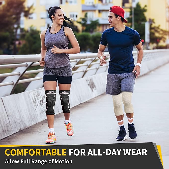 CAMBIVO 2 Pack Knee Brace, Knee Compression Sleeve for Men and Women, Knee Support for Running, Workout, Gym, Hiking, Sports (Beige,Medium)