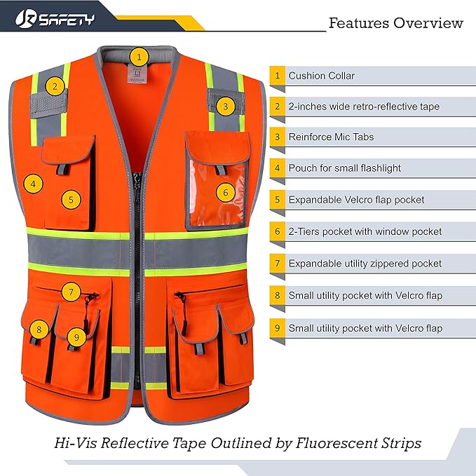 JKSafety 10 Pockets Class 2 Hi-Vis Zipper Front Safety Vest | Cushioned Collar | High Reflective Tapes with Extended Neon Yellow Strips | Meets ANSI/ISEA Standards (5X-Large, 89-Orange)