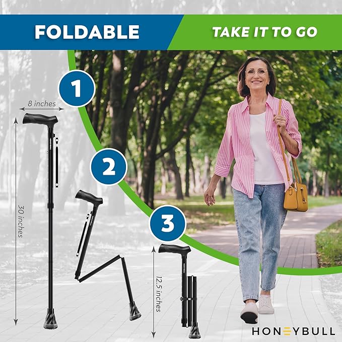 HONEYBULL Foldable Walking Cane for Seniors & Adults – Adjustable 8 Height Settings 30-37", Lightweight Collapsible Cane with Air Cushion Tip, Ergonomic Comfort Grip & Wrist Strap